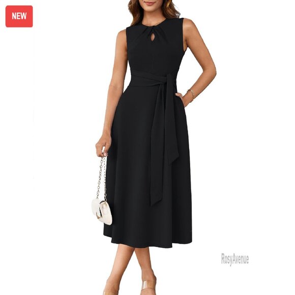 Sleeveless Tie Waist A-Line Midi Dress with Pockets - Work Cocktail Party